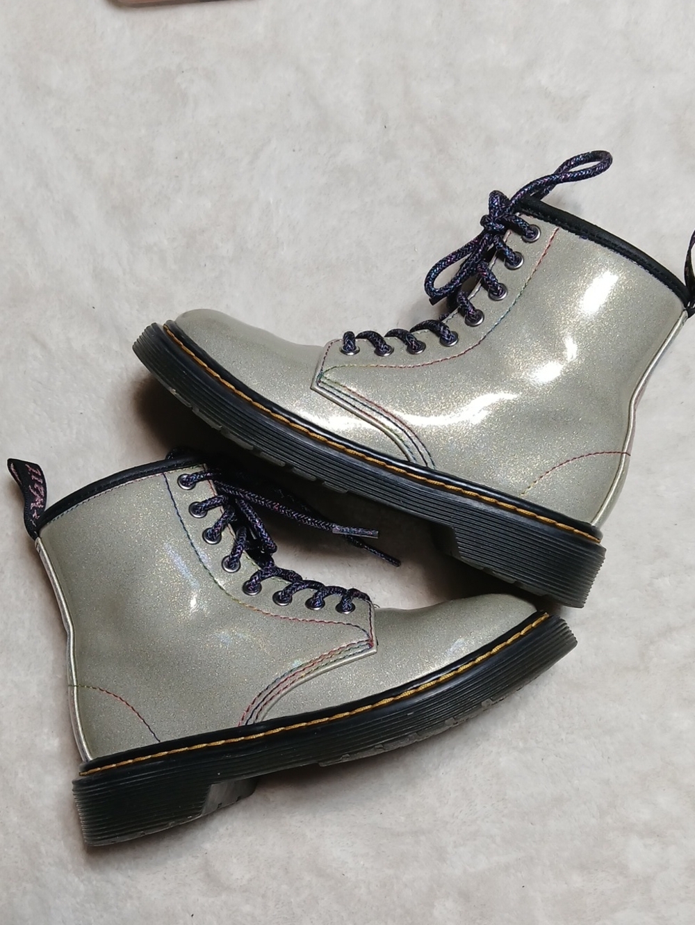 Dr. Martens Kids Iridescent Silver Combat Boots with Black Soles Size 12 Girl